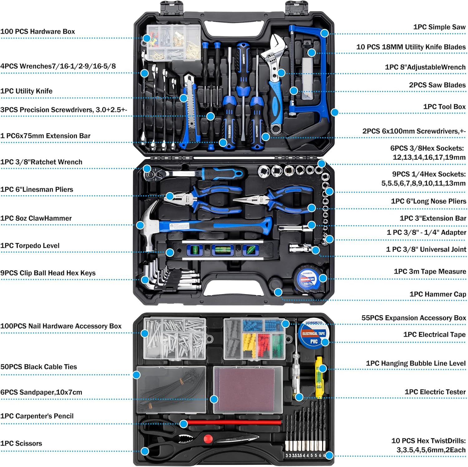 URASISTO 366 Piece Home Repair Tool Kit - Drawer Detail