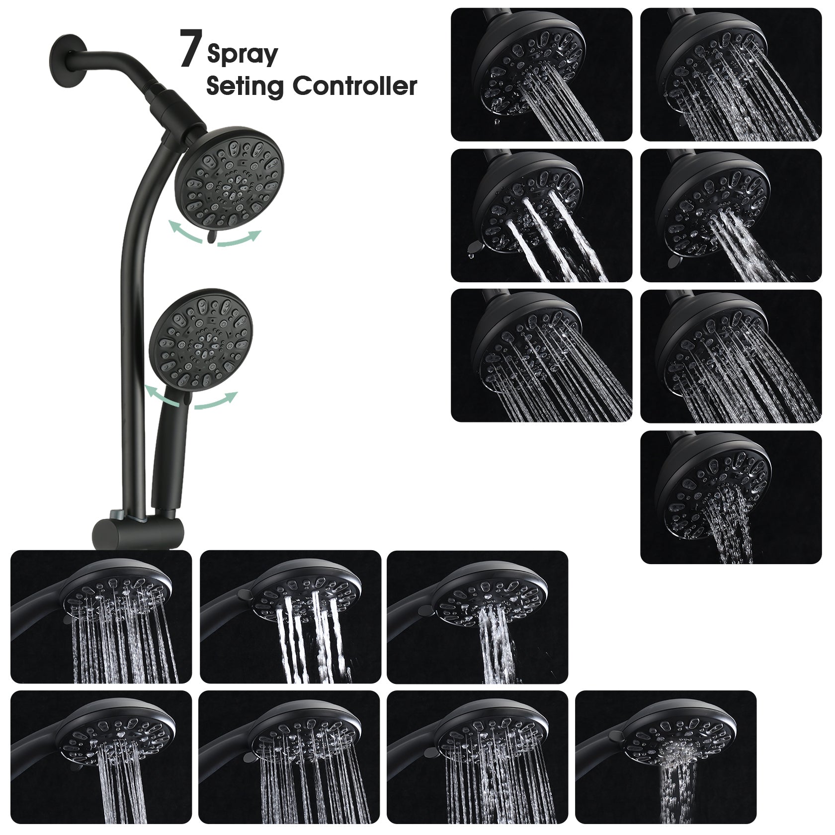 Drill-Free Stainless Steel Slide Bar Combo Rain Showerhead 7-Setting Hand, Dual Shower Head Spa System
